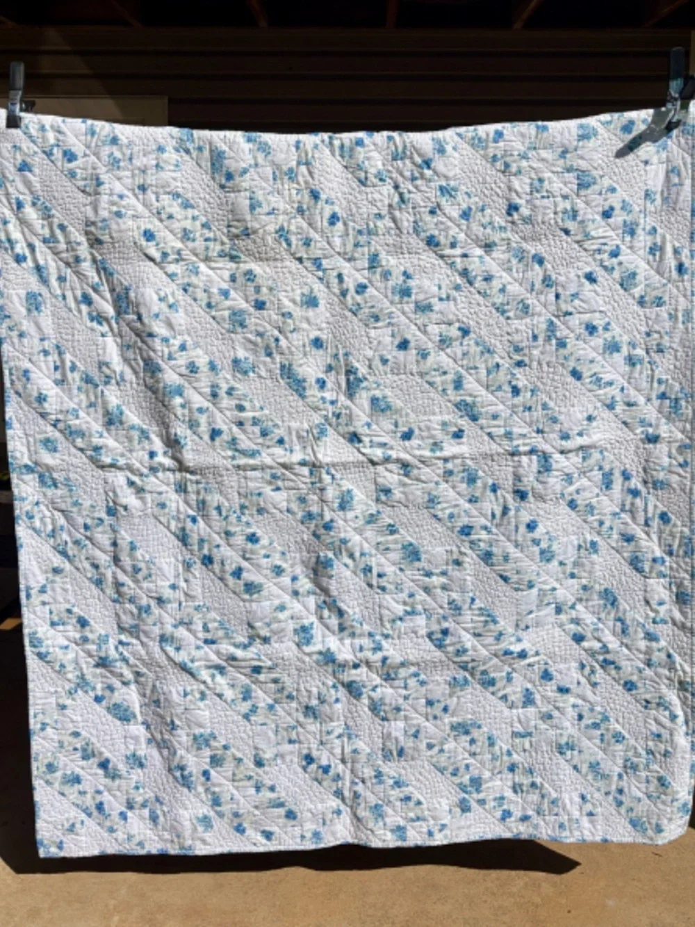 Handmade Jacob's Ladder Quilt Blue White Floral Throw Lap Quilt 58x69 Cotton